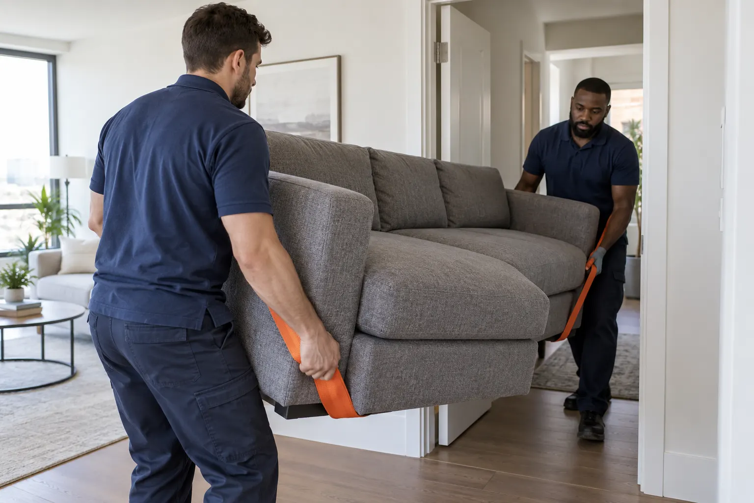 Professional movers handling couch & sofa removal