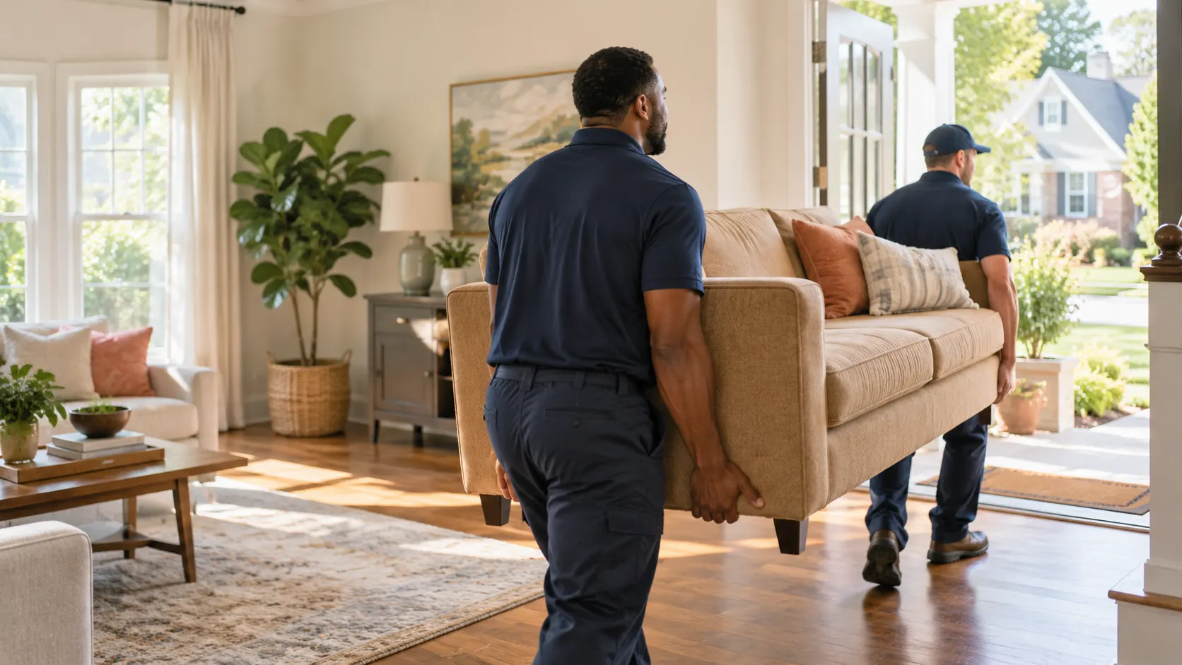 Two furniture movers carrying a sofa toward the front door of a bright home